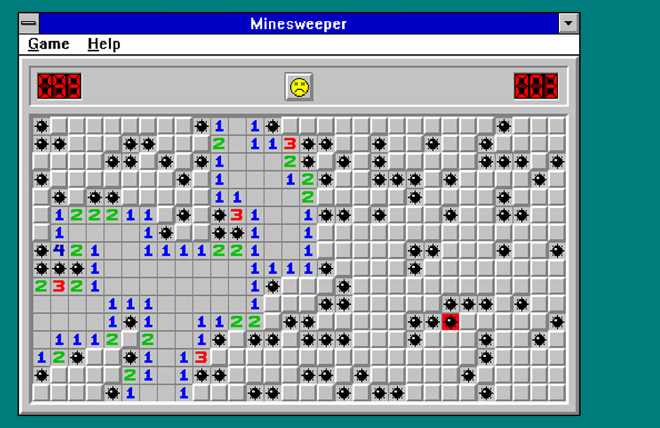 Windows Minesweeper gameplay from 1990